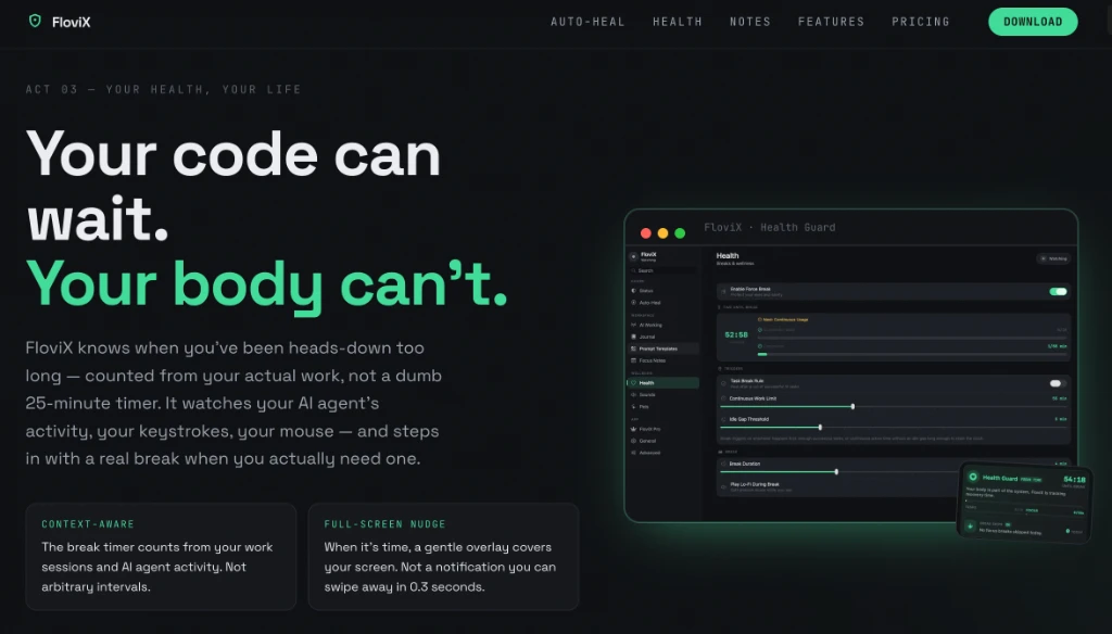 FloviX — macOS Menu-Bar Guardian for AI Coding & Developer Health