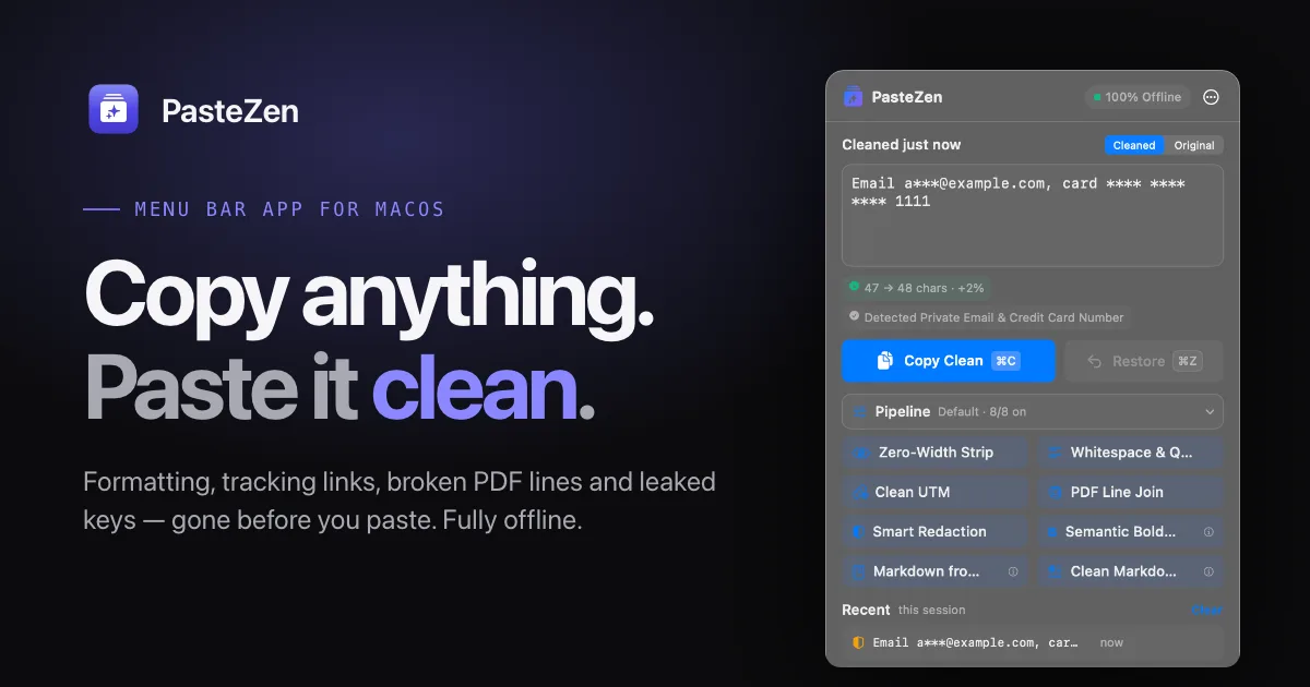 PasteZen — the menu bar popover showing a cleaned clipboard