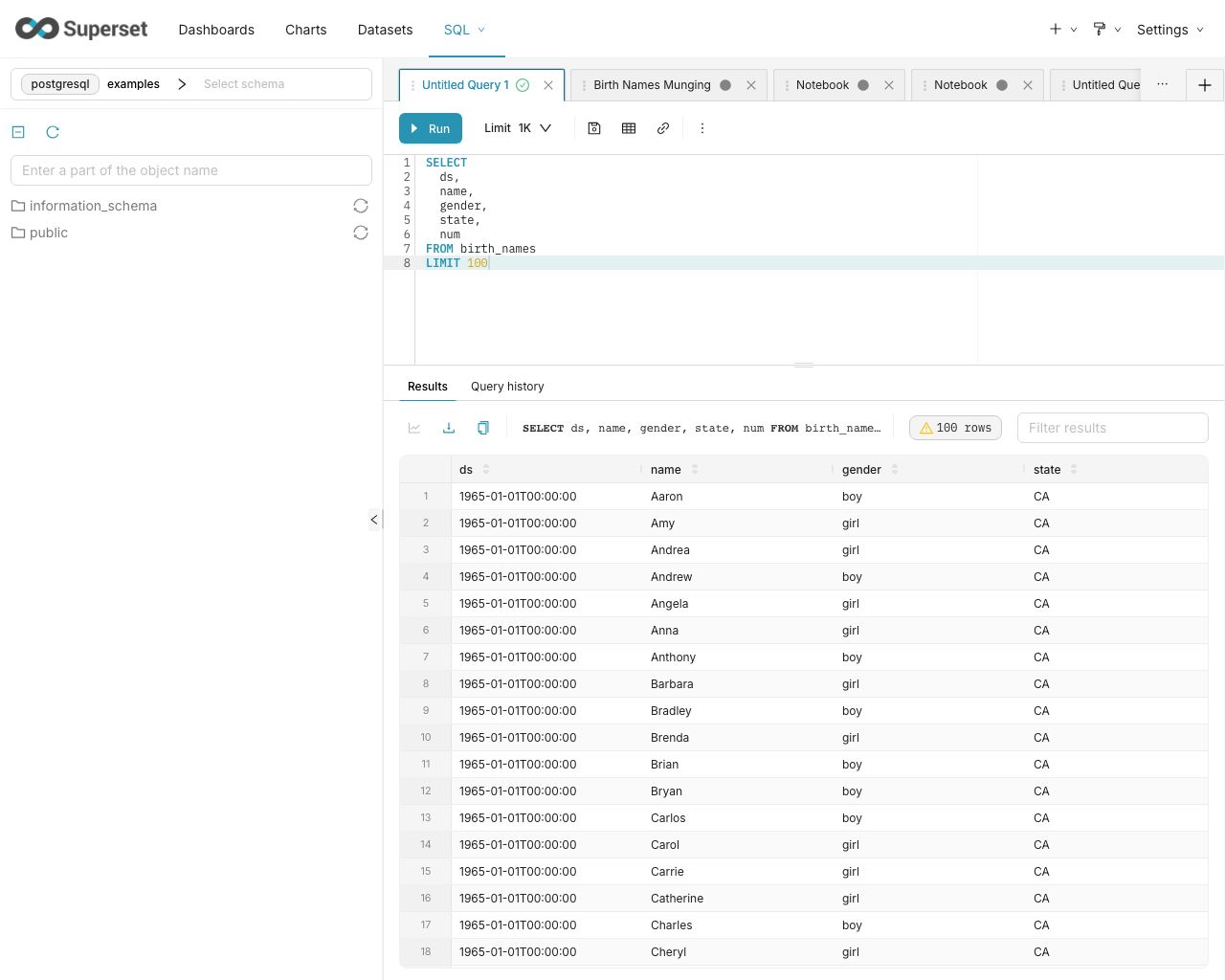 Apache Superset SQL Lab with a SELECT query and a result table