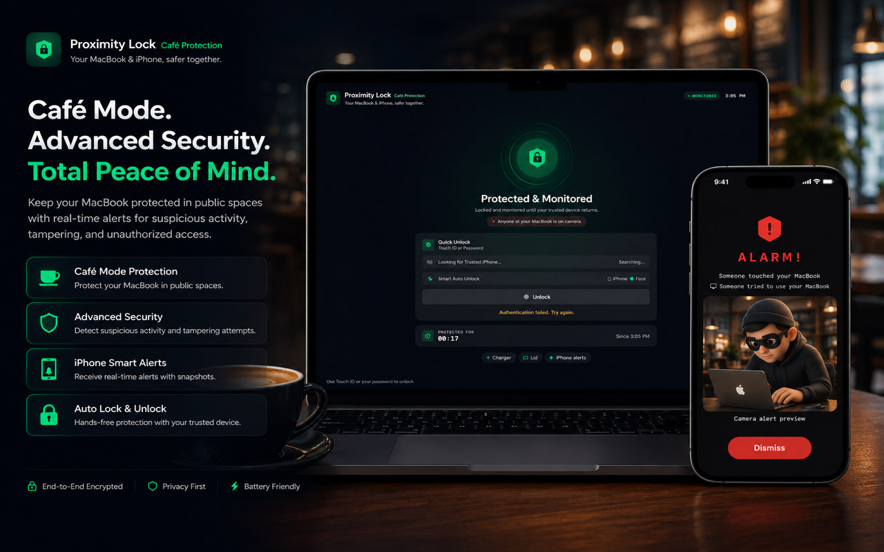 Café Mode advanced security — Protected & Monitored screen on Mac with live alarm alert on iPhone